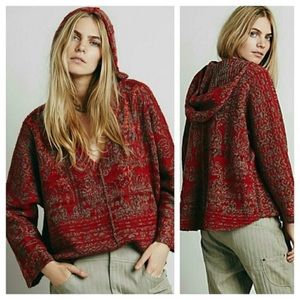 Free People Red Intarsia Fair Isle Print Raggy V-Neck Hooded Sweater